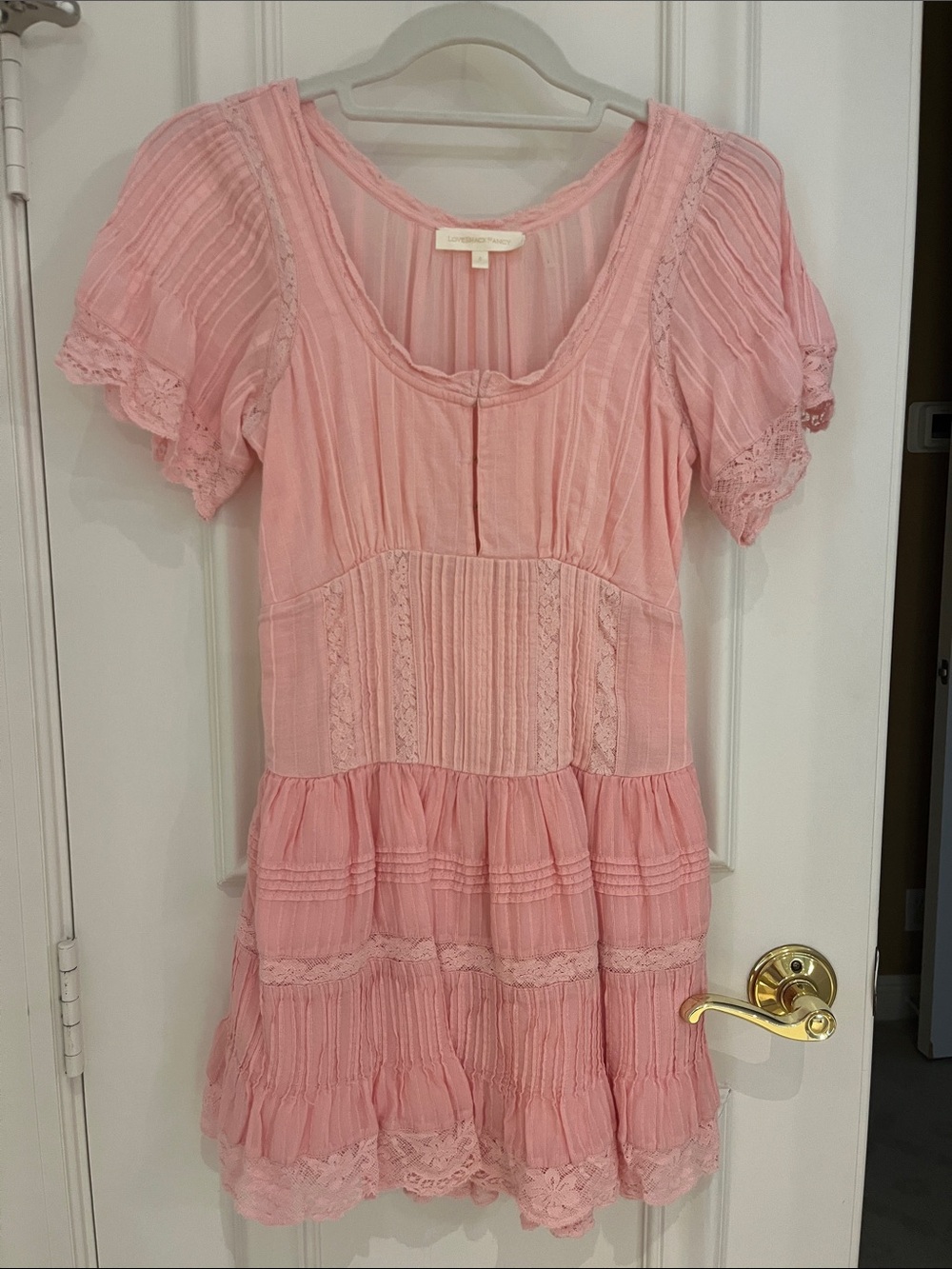 LoveShackFancy Light Pink Tiered Lace-Trim Dress